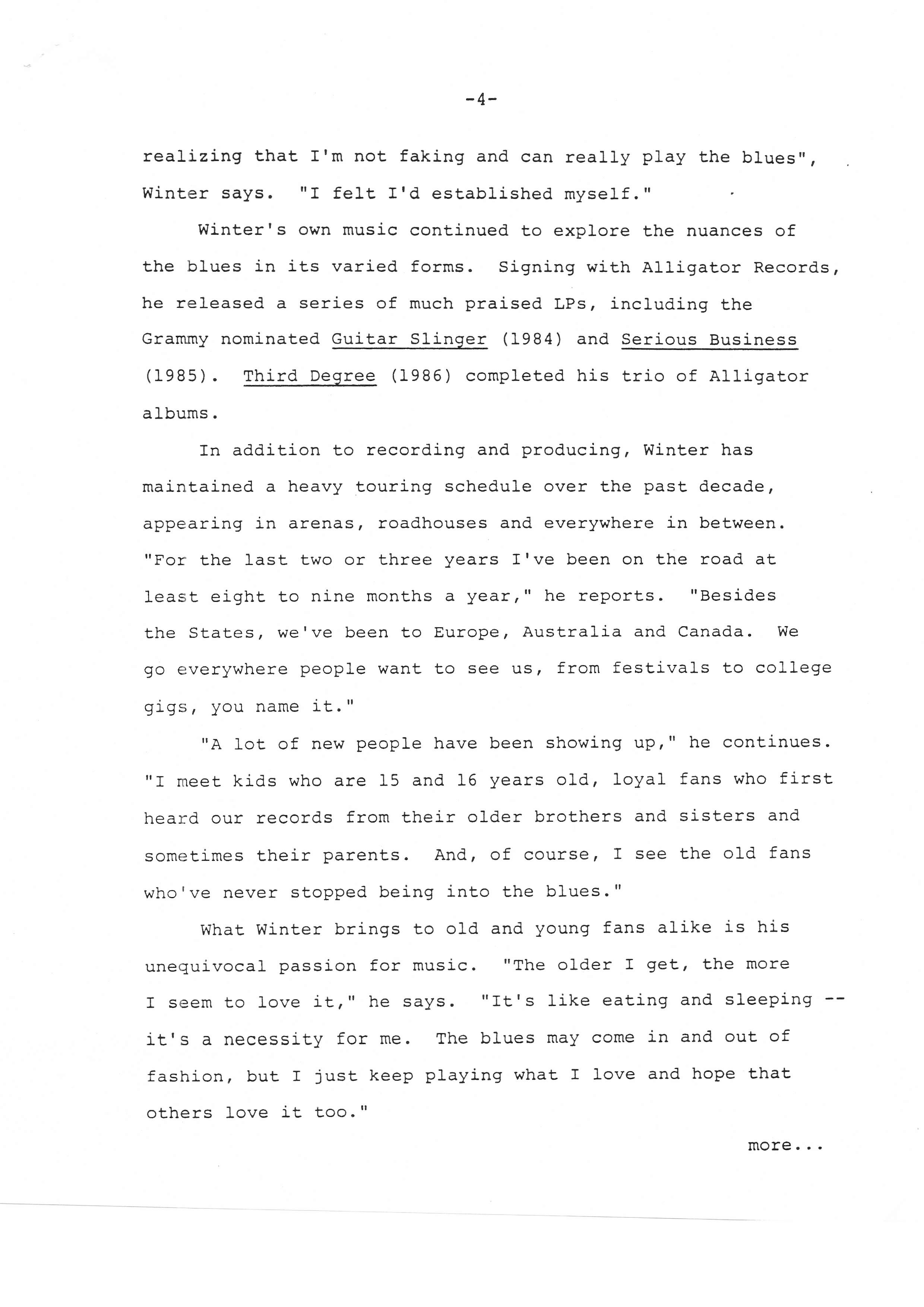 Press release of "Winter of '88" incl Johnny Winter career description, by Slatus Management Part IV/V